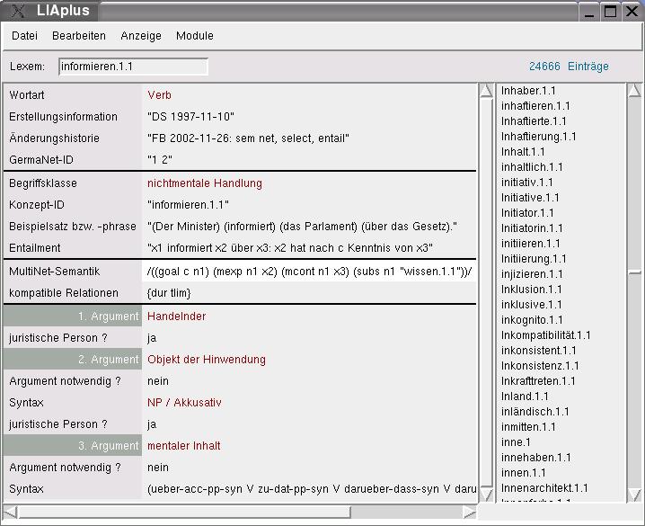 Abbildung 3: Darstellung des HaGenLex-Eintrags für das 
  Verb <i>informieren</i>